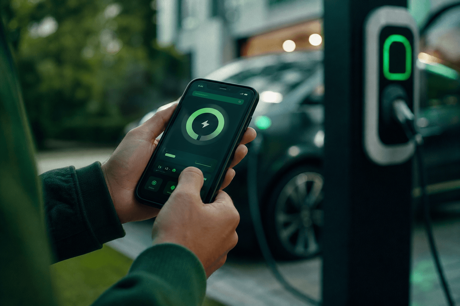 Driver using the EvReserve app while their EV charges